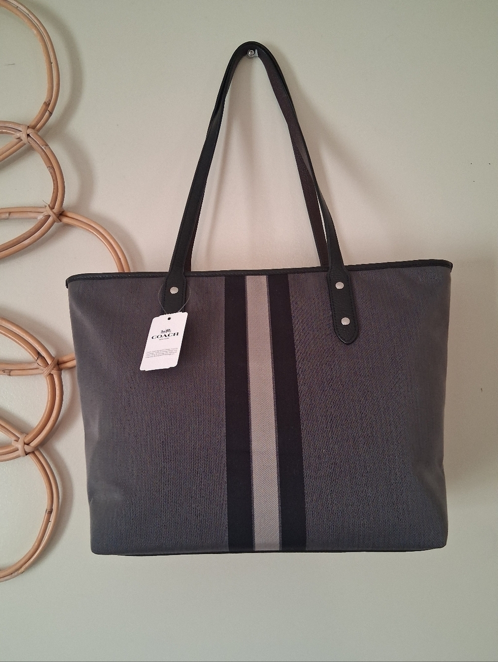 Coach Black and Gray Horse & Carriage Jacquard City Tote - Picture 6 of 13